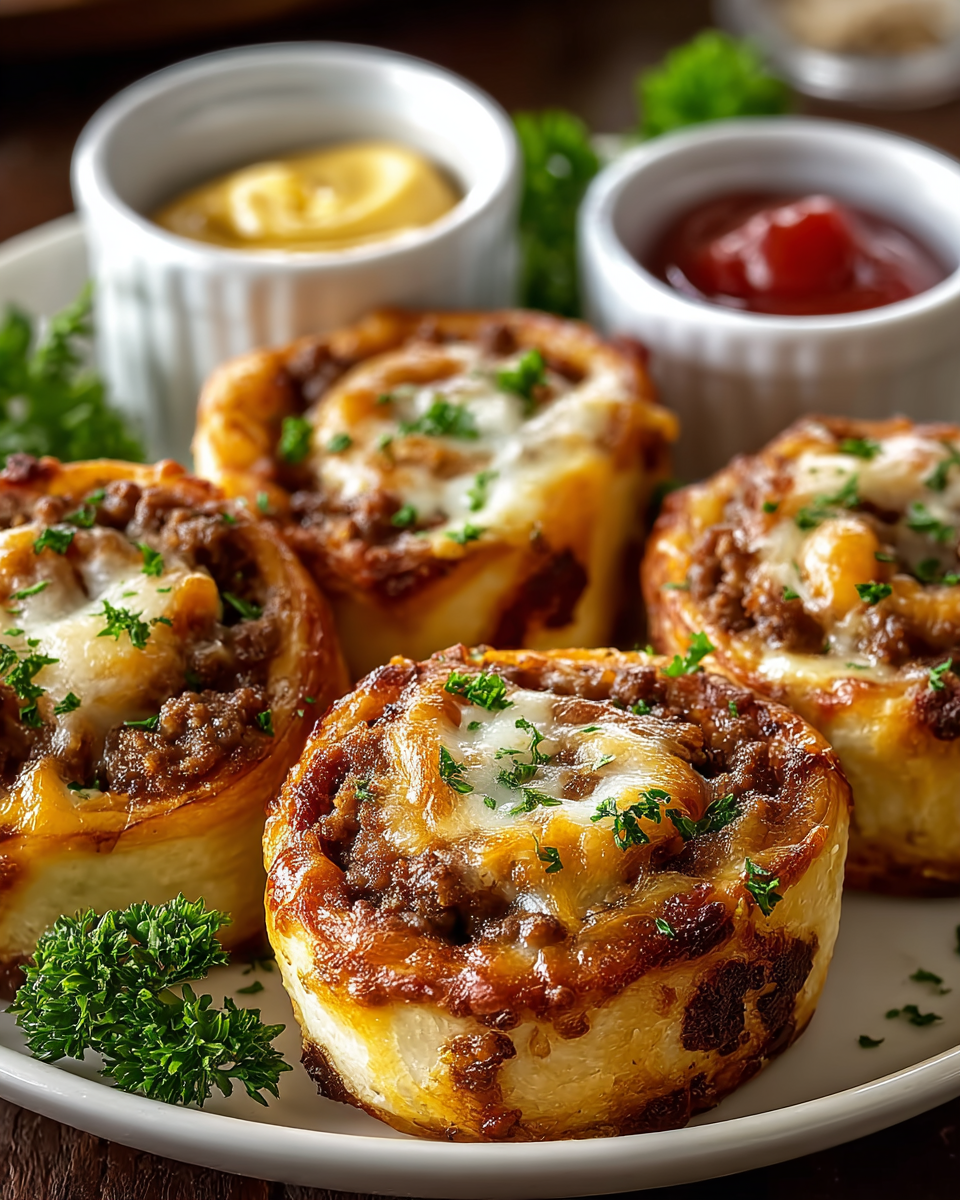 Garlic butter cheeseburger rollups cut into pieces and served on a platter for an easy appetizer or dinner