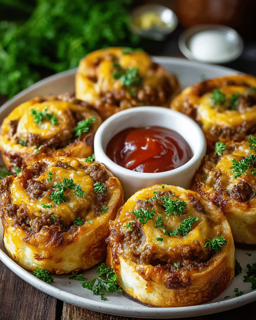 Golden brown garlic butter cheeseburger rollups stuffed with beef and melted cheese, served with dipping sauce