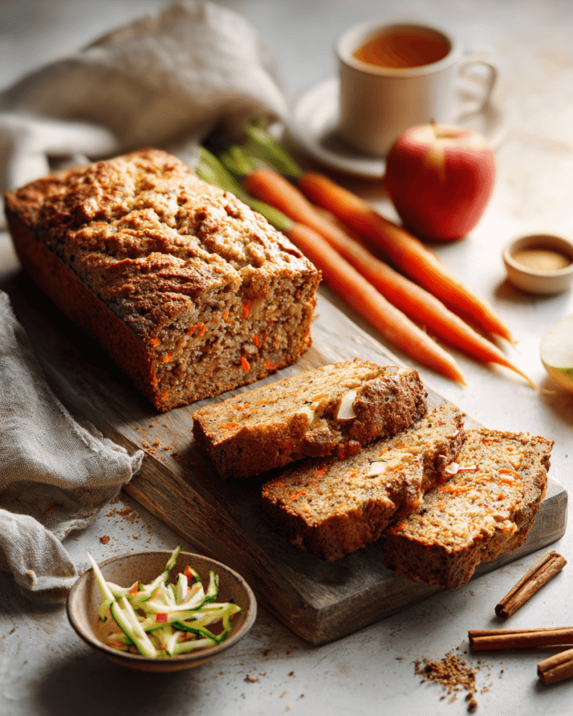 Slice of carrot apple zucchini bread served on a plate with butter and honey drizzle