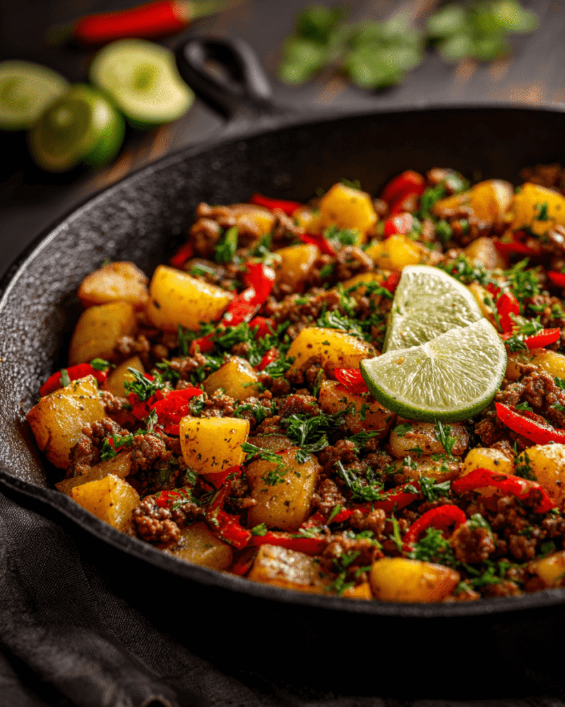 Mexican ground beef and potato skillet topped with melted cheese, fresh cilantro, and lime wedges