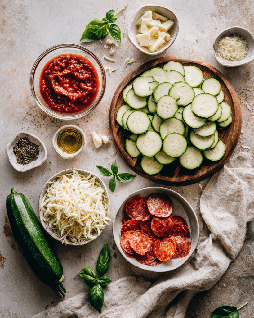 Ingredients for zucchini pizza bites including sliced zucchini, marinara sauce, shredded mozzarella, and mini pepperoni