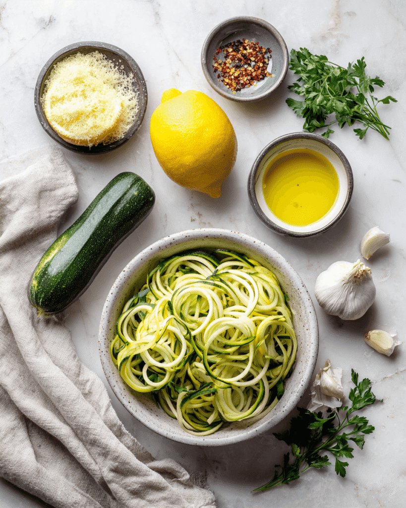 Ingredients for zucchini noodles including fresh zucchini, garlic, olive oil, lemon, and parsley