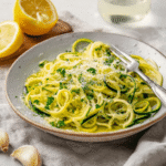 Low-carb lemon garlic zucchini noodles served in a bowl with fresh parsley and lemon wedges