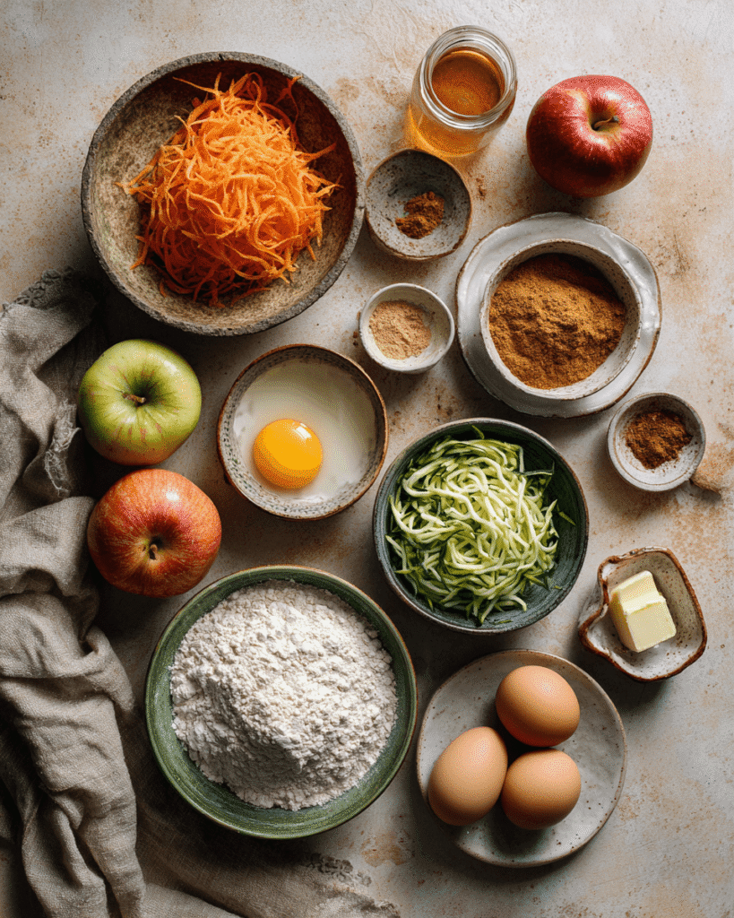 Ingredients for carrot apple zucchini bread including shredded carrots, shredded zucchini, diced apples, flour, eggs, and cinnamon
