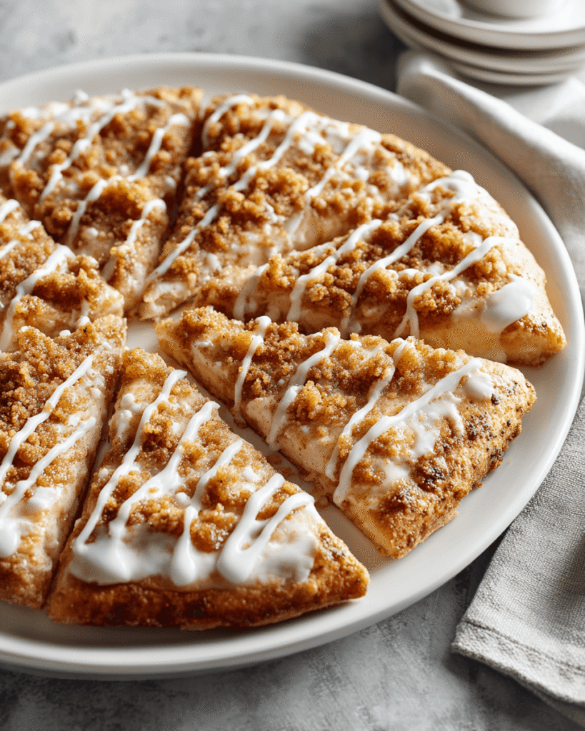 Golden crescent roll pizza topped with cinnamon sugar and drizzled with sweet glaze
