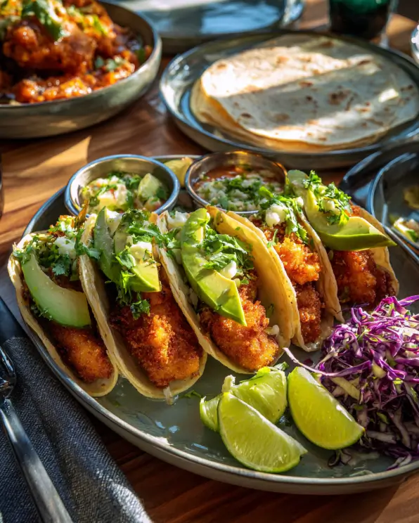 Crunchy chicken taco fingers served on a platter with dipping sauces and garnished with fresh cilantro