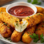 Golden crunchy mozzarella sticks served with marinara sauce for dipping