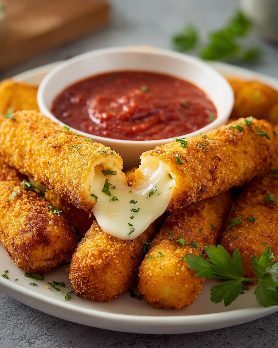 Golden crunchy mozzarella sticks served with marinara sauce for dipping