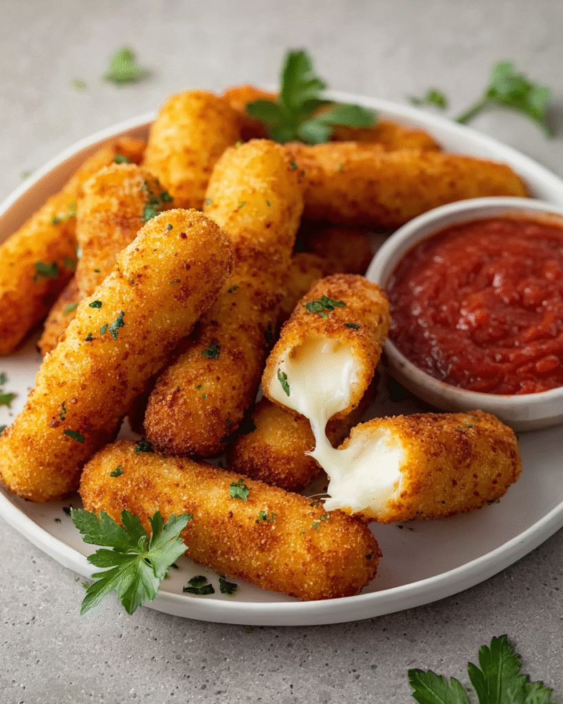 Plate of crunchy, cheesy mozzarella sticks served with a side of marinara sauce