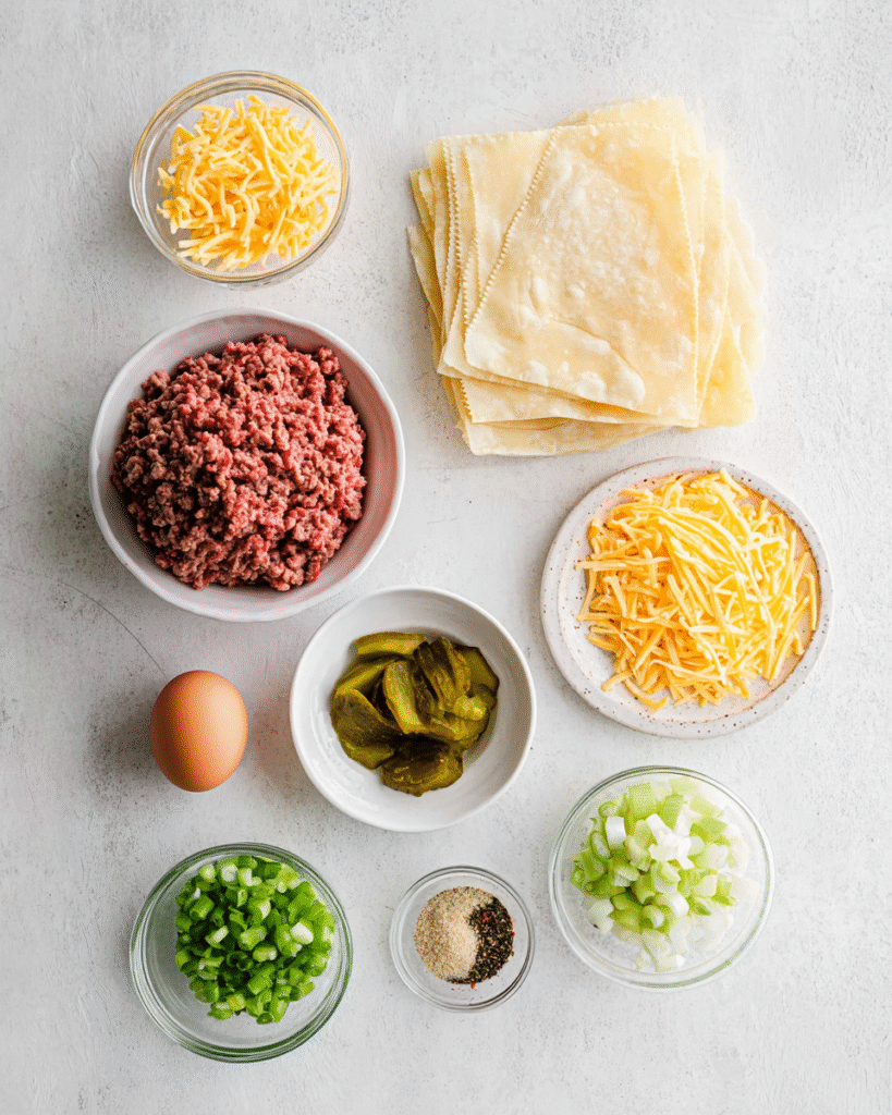 Ingredients for cheeseburger rollups including ground beef, shredded cheese, tortillas, garlic, and butter