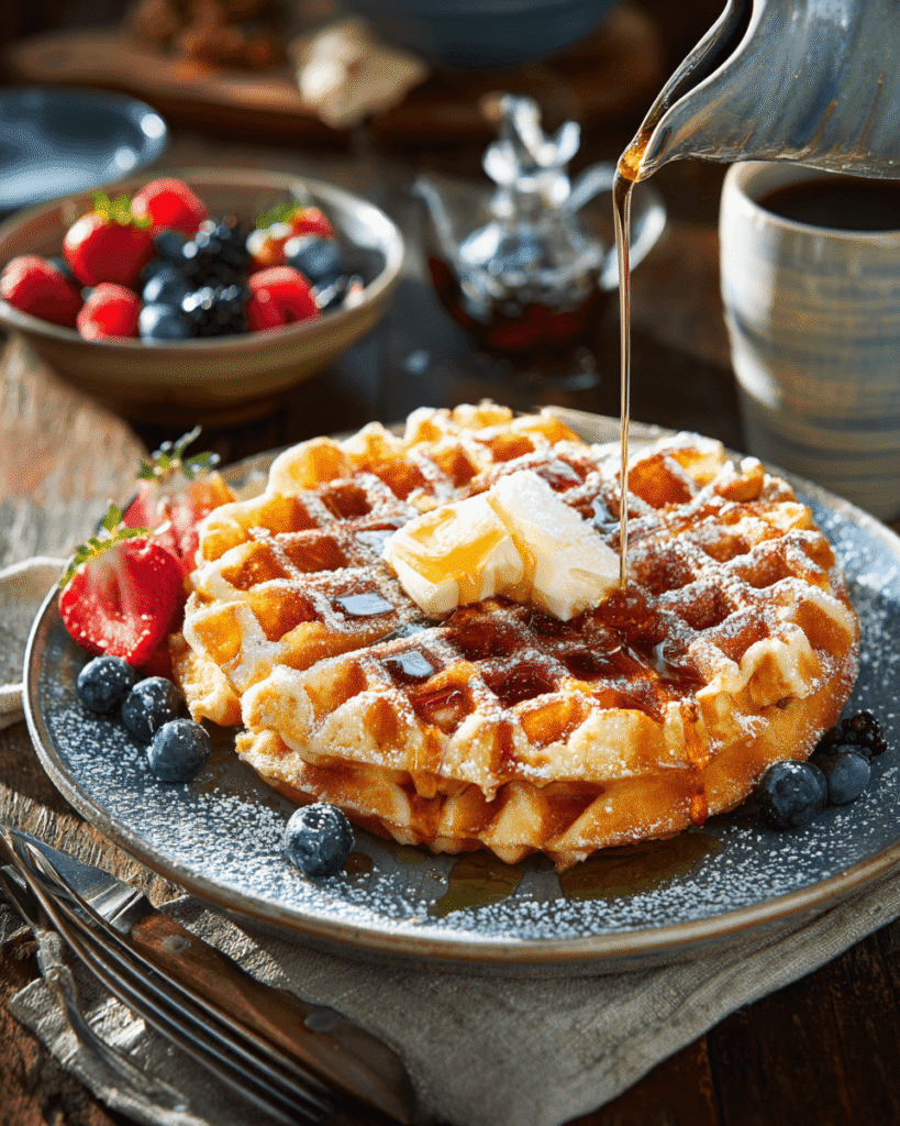 Close-up of waffle showing crispy golden edges and fluffy inside