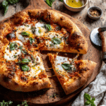 Greek yogurt pizza dough baking in the oven with golden crust and bubbling cheese