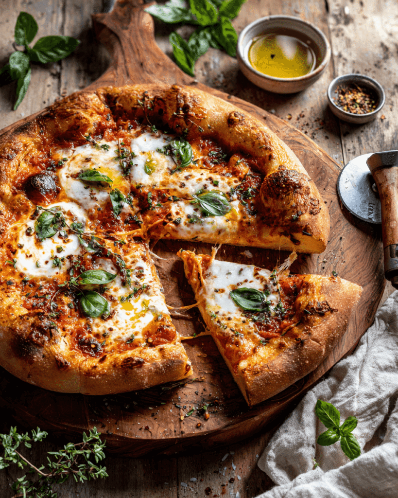 Greek yogurt pizza dough baking in the oven with golden crust and bubbling cheese