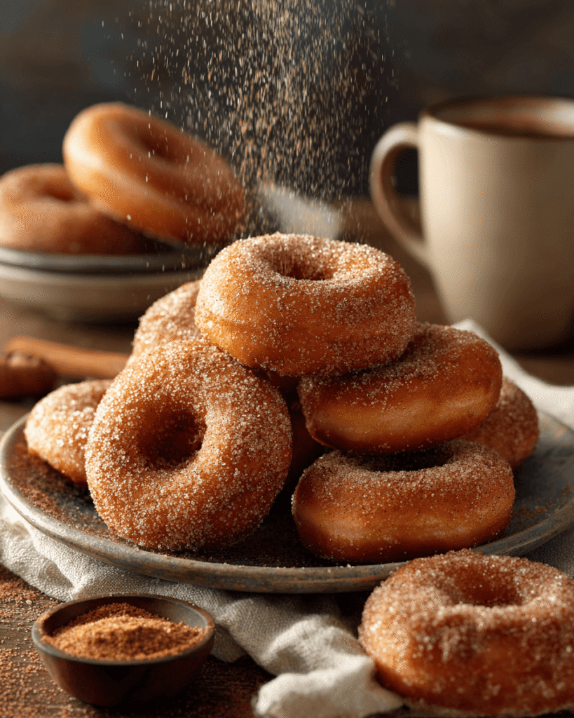 Close-up of soft, fluffy donut with a golden exterior coated in cinnamon sugar