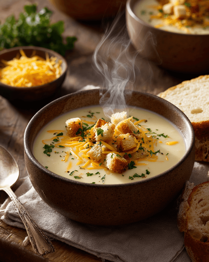 Close-up of thick and creamy potato soup with melted cheddar and flecks of fresh herbs