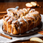 Apple pull-apart bread drizzled with glaze and sprinkled with cinnamon sugar