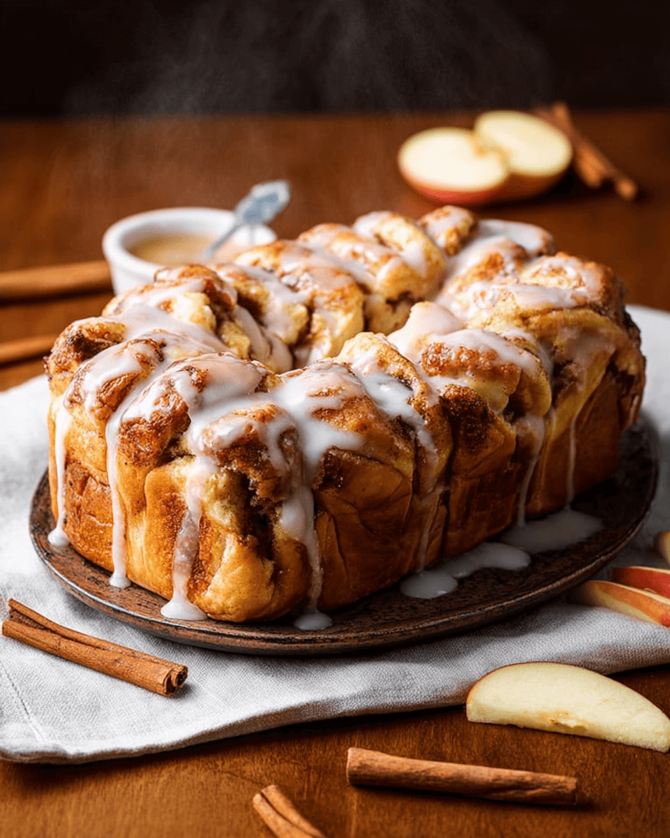 Apple pull-apart bread drizzled with glaze and sprinkled with cinnamon sugar