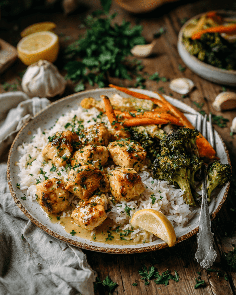 Close-up of juicy garlic butter chicken bites with golden seared edges