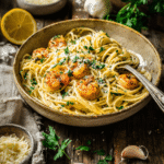 Garlic shrimp pasta served in a bowl with fresh parsley and parmesan