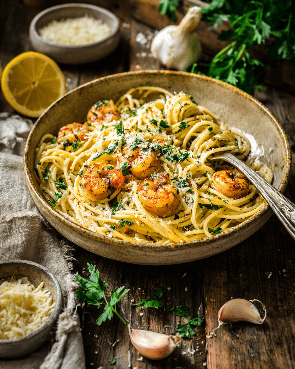 Garlic shrimp pasta served in a bowl with fresh parsley and parmesan