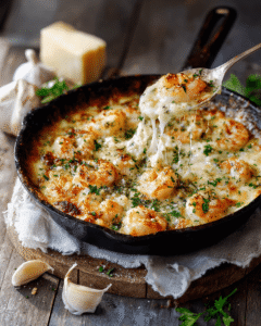 Cheesy garlic shrimp au gratin served in a bowl with parsley garnish