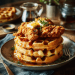Crispy Southern fried chicken served on top of golden waffles with butter and maple syrup