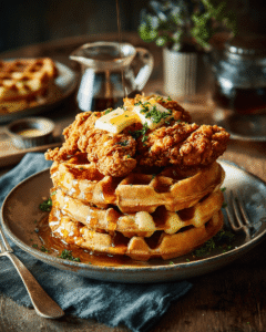 Crispy Southern fried chicken served on top of golden waffles with butter and maple syrup