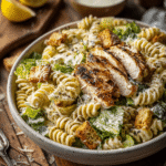Creamy Parmesan garlic chicken pasta served in a bowl with tender chicken slices and fresh parsley