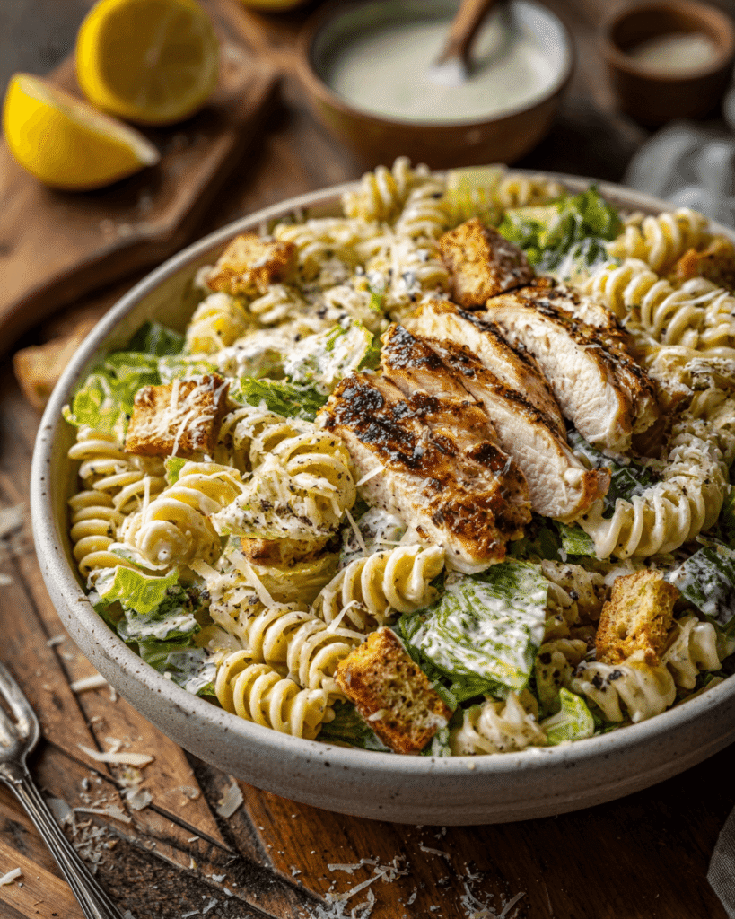 Creamy chicken Caesar pasta salad served in individual bowls topped with parmesan shavings and croutons