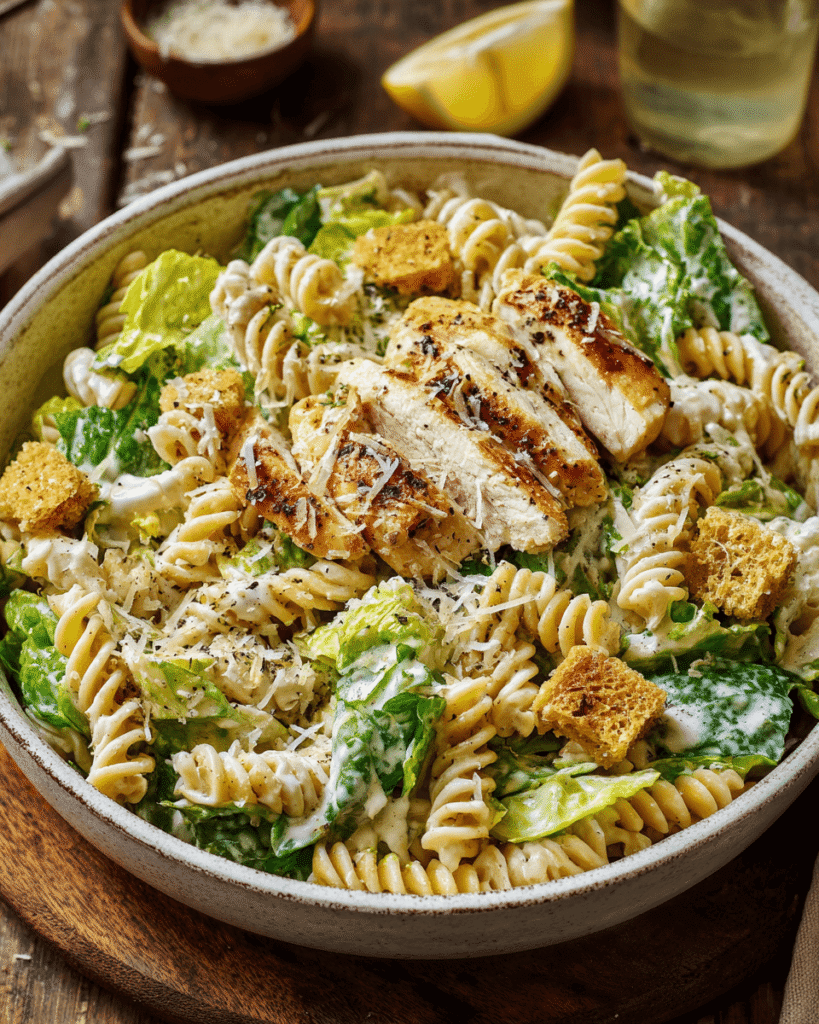 Close-up of creamy Parmesan garlic sauce coating pasta and juicy chicken pieces