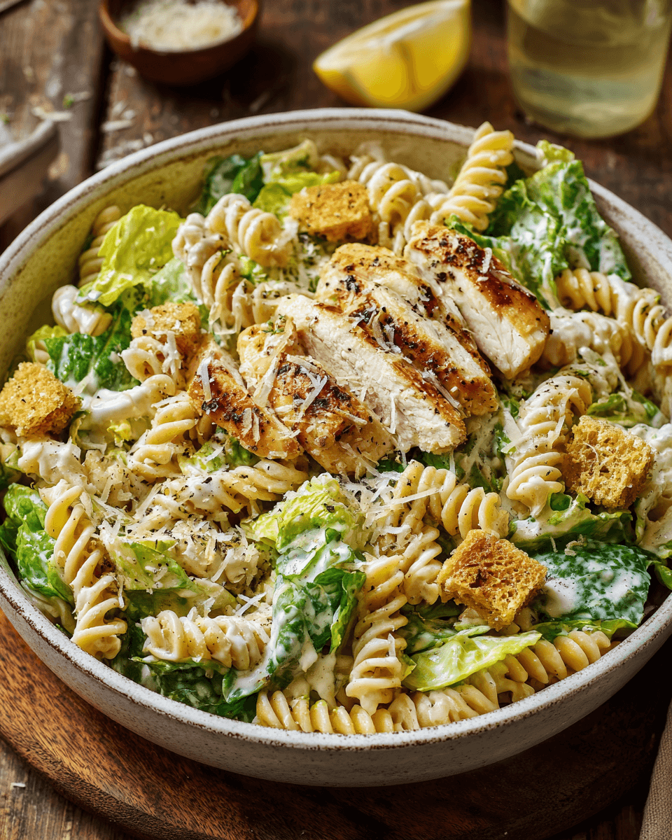 Close-up of creamy Caesar pasta salad with tender chicken pieces, pasta, and fresh lettuce coated in dressing