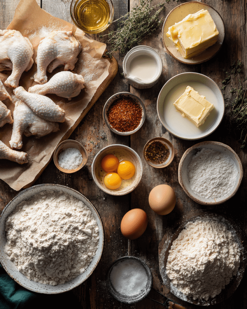 Ingredients for fried chicken and waffles including chicken, flour, eggs, spices, waffle batter, butter, and syrup