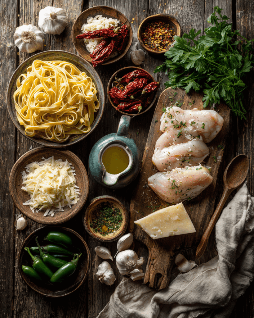 Ingredients for rattlesnake pasta including chicken breast, pasta, cream, garlic, parmesan, and red pepper flakes