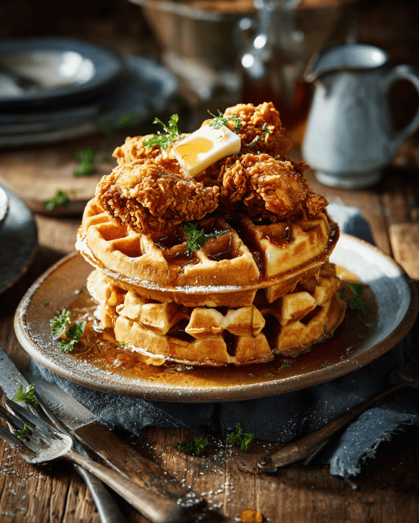 Close-up of crispy fried chicken with crunchy coating and soft fluffy waffle beneath
