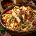 Spicy rattlesnake pasta served in a bowl with creamy sauce, sliced chicken, and red pepper flakes"