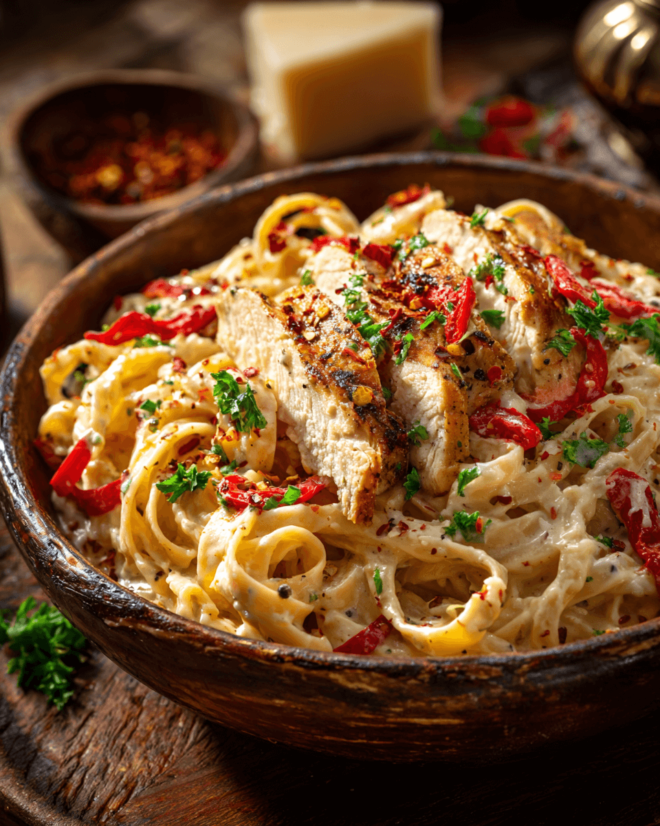 Spicy rattlesnake pasta served in a bowl with creamy sauce, sliced chicken, and red pepper flakes"
