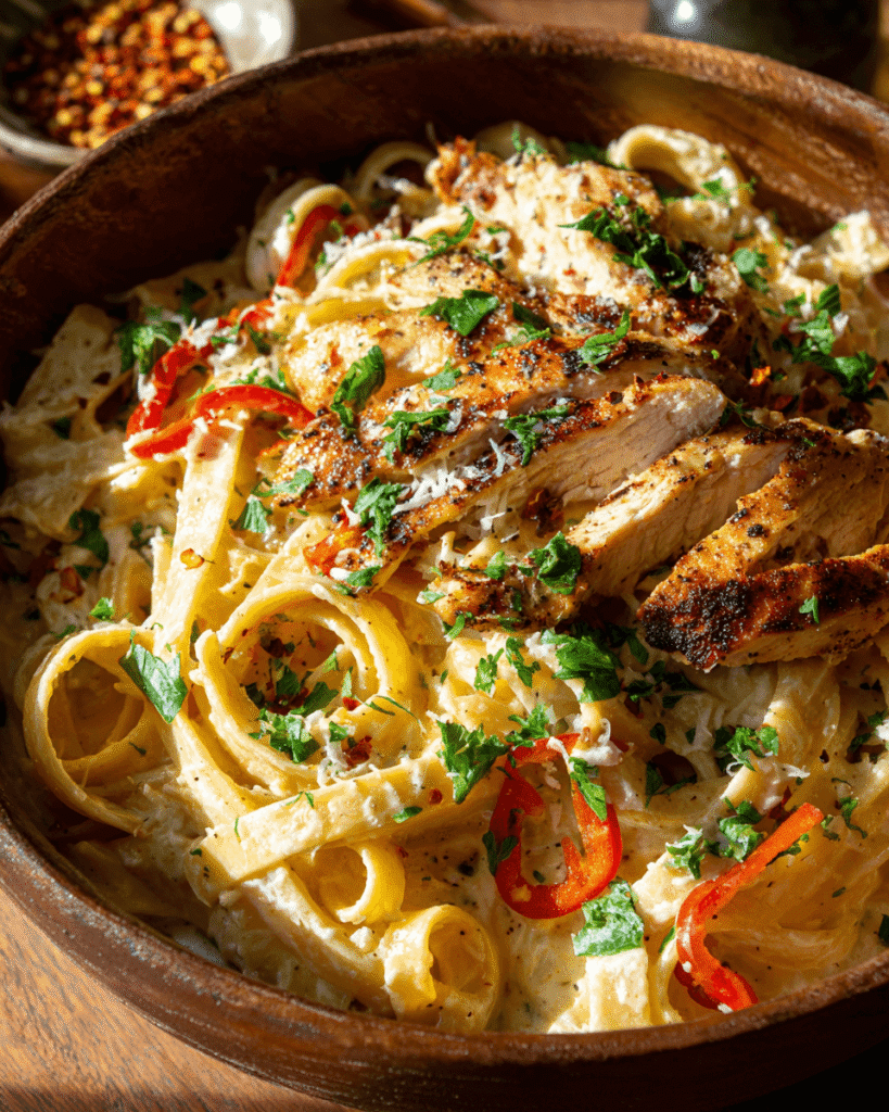 Close-up of creamy rattlesnake pasta with tender chicken, pasta, and flecks of red pepper in the sauce"