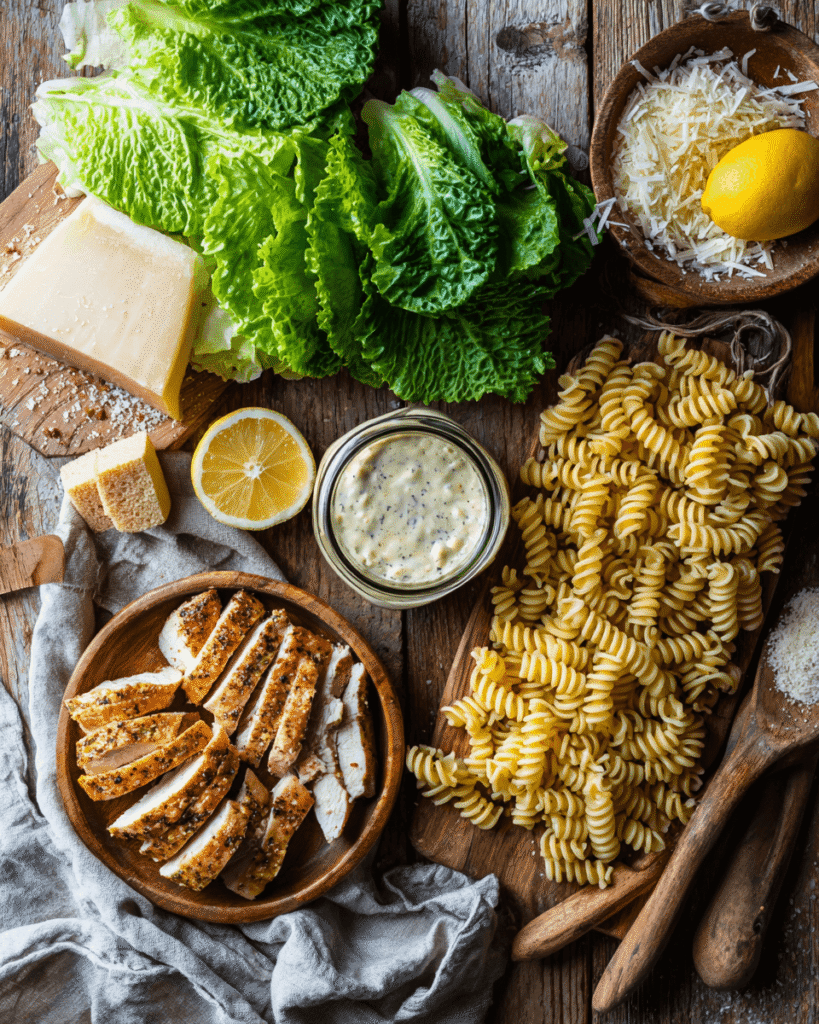 Ingredients for chicken Caesar pasta salad including pasta, romaine lettuce, chicken breast, Caesar dressing, and parmesan