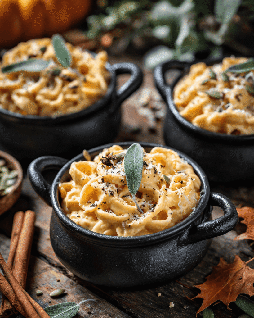 Close-up of creamy pumpkin Alfredo pasta with rich sauce clinging to noodles
