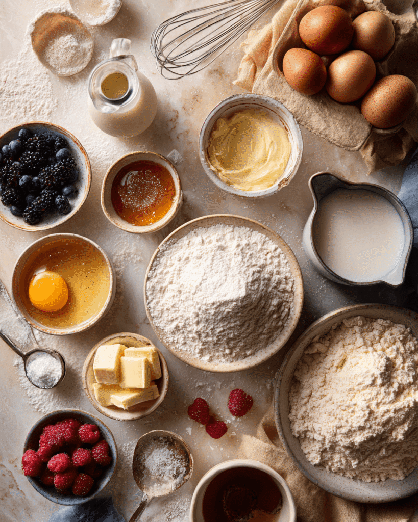 Ingredients for homemade waffles including flour, eggs, milk, butter, and baking powder