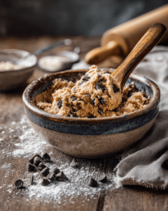 Bowl of homemade cookie dough with chocolate chips and a spoon ready to scoop