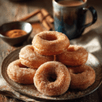 Stack of homemade cinnamon sugar donuts coated in a sweet, crunchy sugar mixture