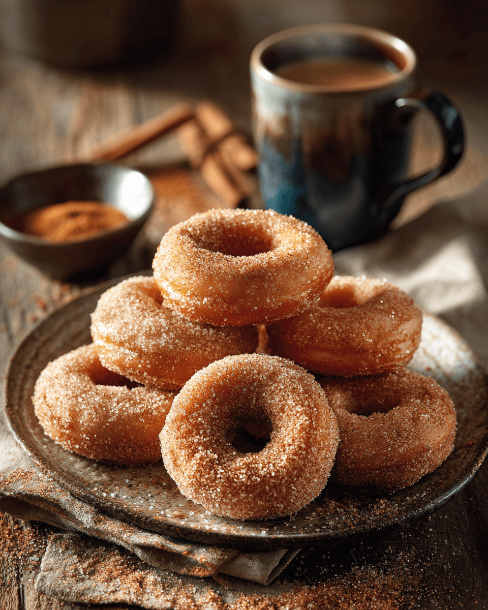 Stack of homemade cinnamon sugar donuts coated in a sweet, crunchy sugar mixture