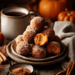 Healthy pumpkin donut holes rolled in cinnamon sugar on a plate