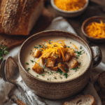 Creamy cheddar garlic herb potato soup served in a bowl topped with shredded cheese and fresh herbs