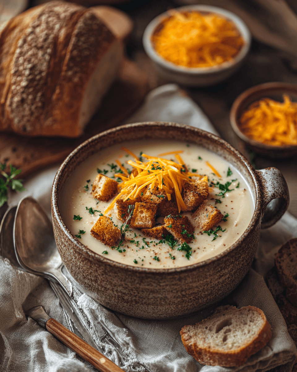 Creamy cheddar garlic herb potato soup served in a bowl topped with shredded cheese and fresh herbs