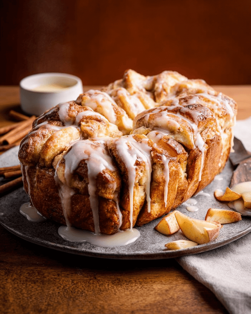 Close-up of soft, fluffy apple pull-apart bread layers with cinnamon apple filling