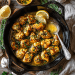 Garlic butter chicken bites served in a skillet with fresh parsley garnish