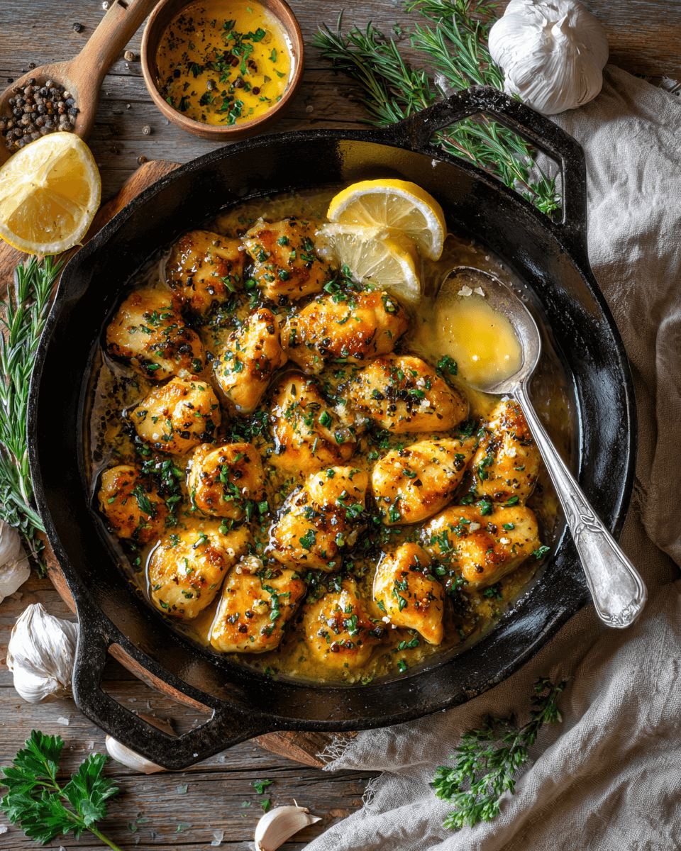 Garlic butter chicken bites served in a skillet with fresh parsley garnish