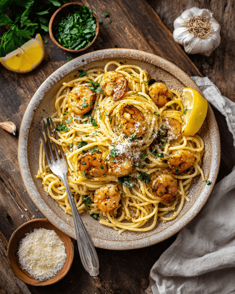 Plate of garlic shrimp pasta garnished with lemon wedges and parmesan